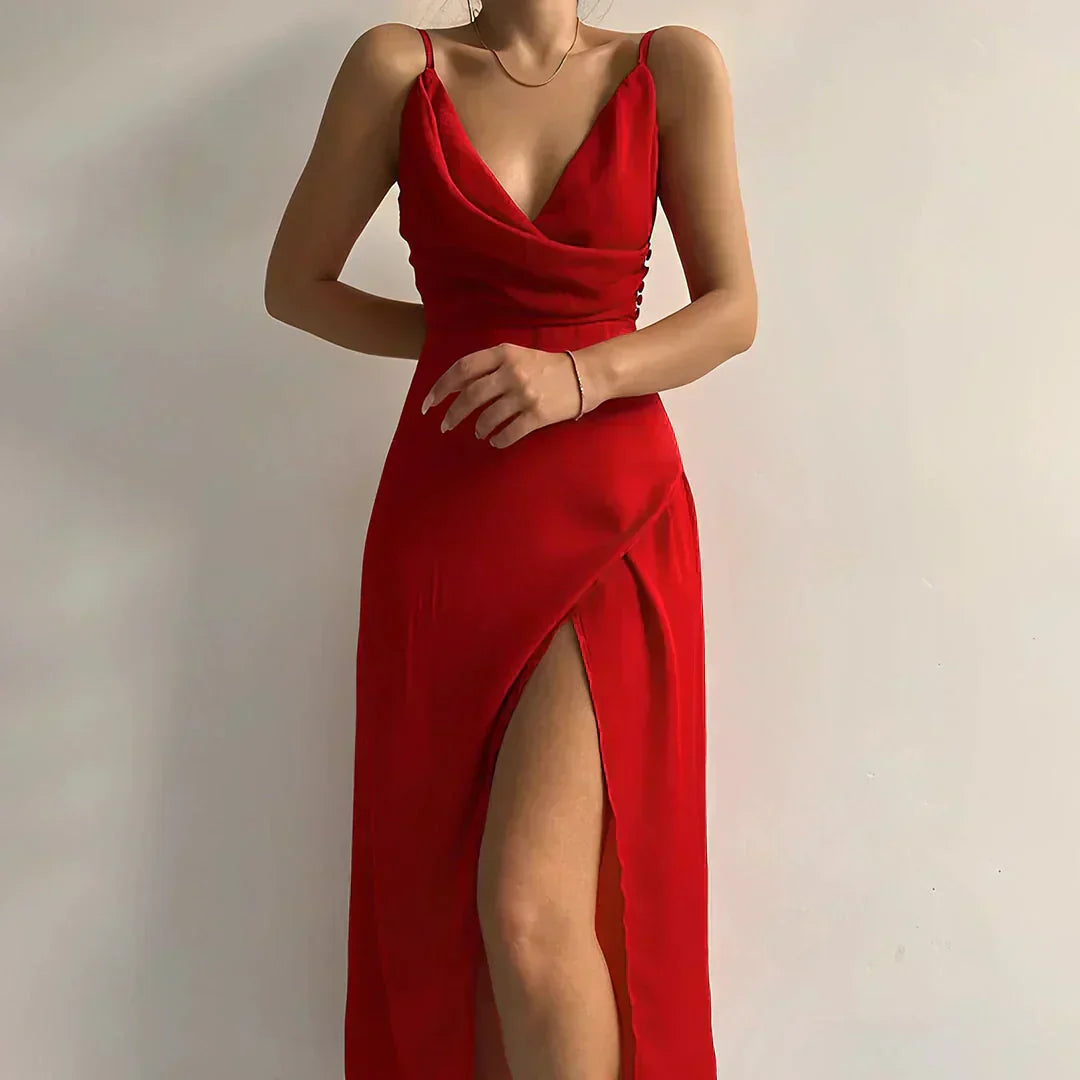 Celestina | Satin Maxi-Kleid mit Wasserfallausschnitt