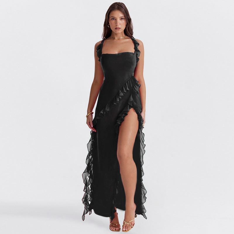 Riana Luftiges Kleid mit Volants und Wasserfallausschnitt