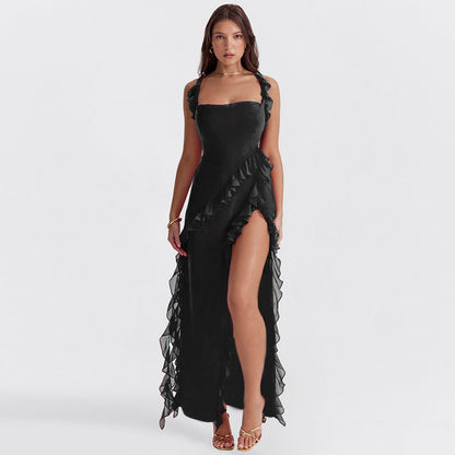 Riana Luftiges Kleid mit Volants und Wasserfallausschnitt