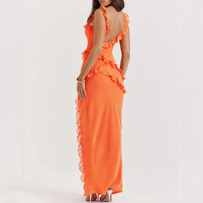 Riana Luftiges Kleid mit Volants und Wasserfallausschnitt