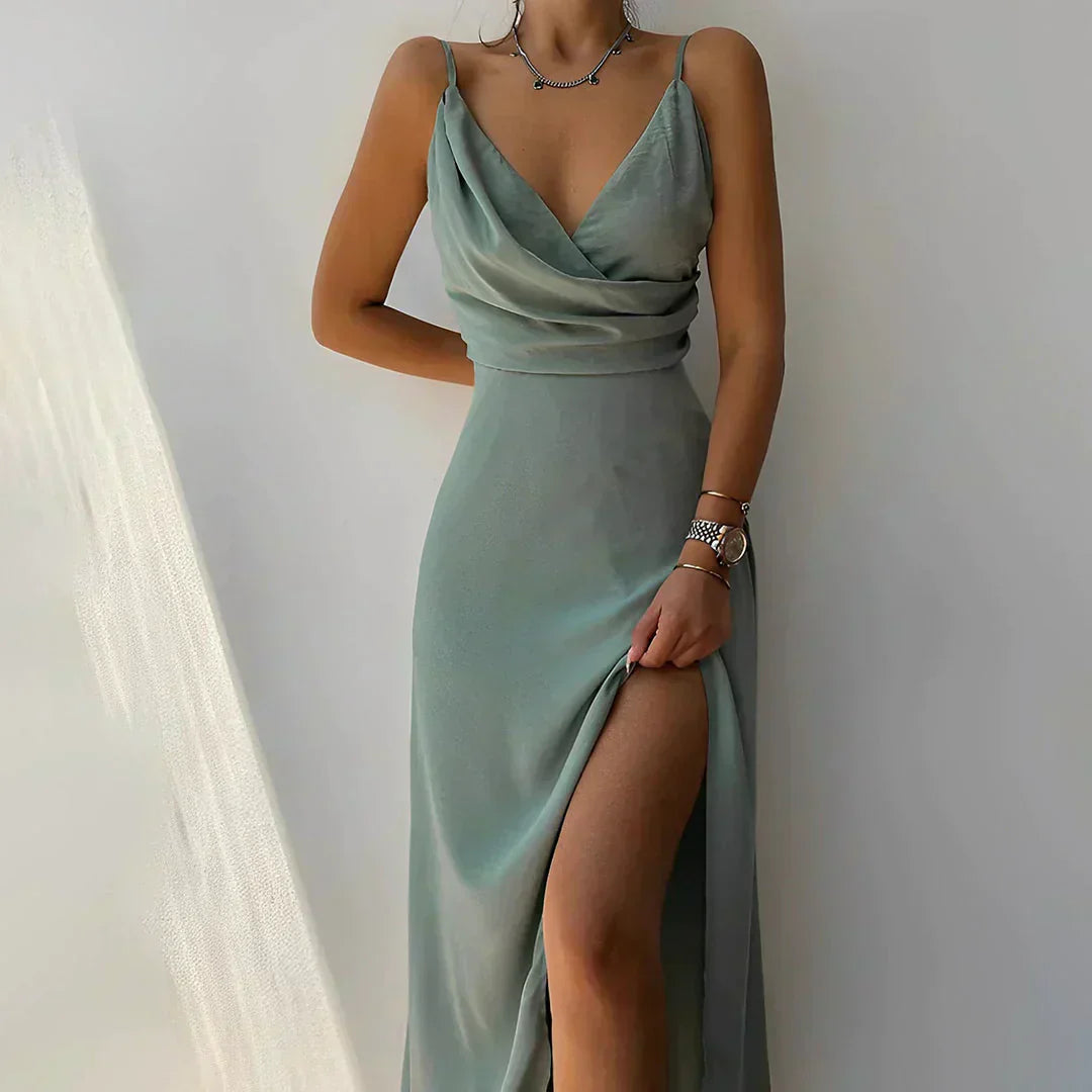 Celestina | Satin Maxi-Kleid mit Wasserfallausschnitt