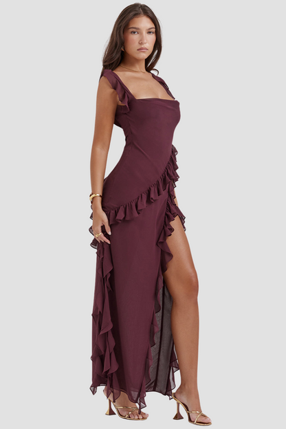 Riana Luftiges Kleid mit Volants und Wasserfallausschnitt