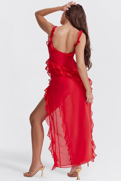 Riana Luftiges Kleid mit Volants und Wasserfallausschnitt