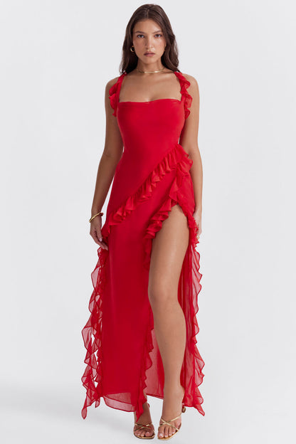 Riana Luftiges Kleid mit Volants und Wasserfallausschnitt