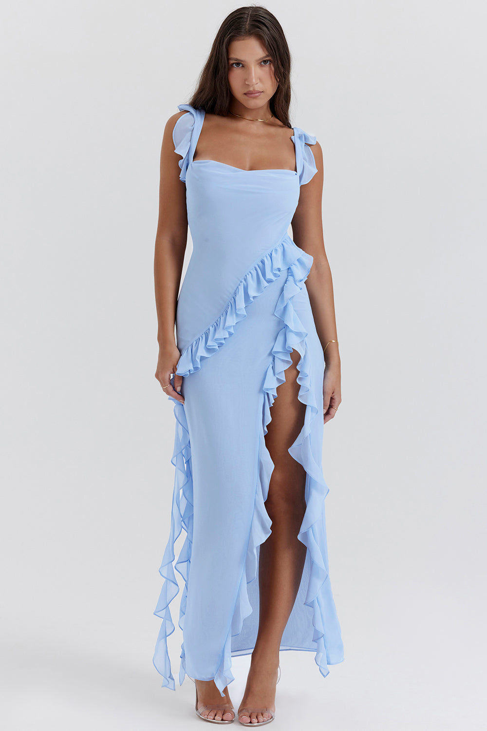 Riana Luftiges Kleid mit Volants und Wasserfallausschnitt