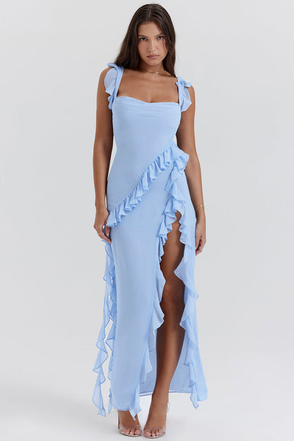 Riana Luftiges Kleid mit Volants und Wasserfallausschnitt