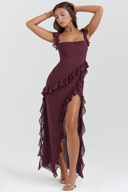 Riana Luftiges Kleid mit Volants und Wasserfallausschnitt