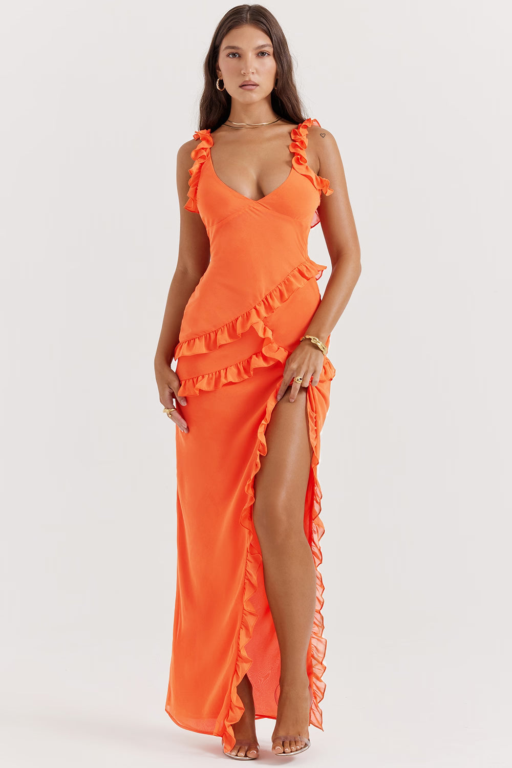 Riana Luftiges Kleid mit Volants und Wasserfallausschnitt